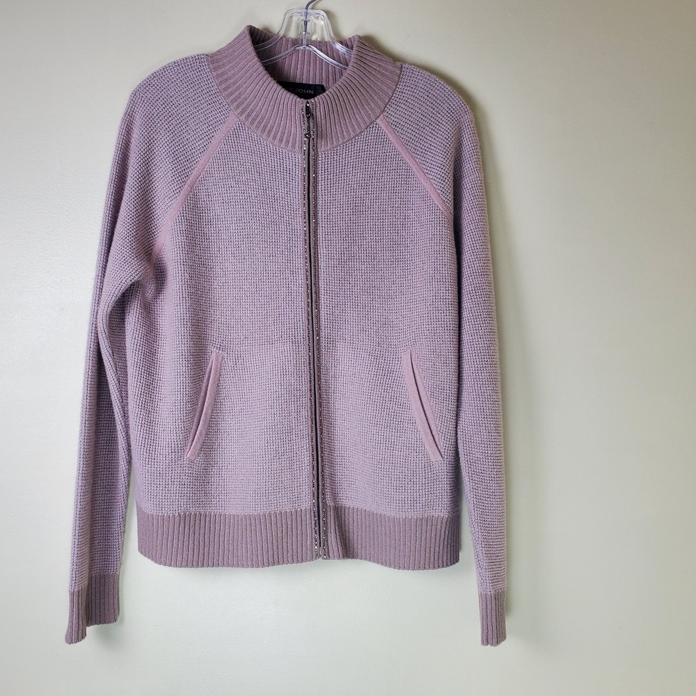 Flaw St John Cashmere Sweater Jacket Full Zip Mauve Metallic Medium Waffle Knit